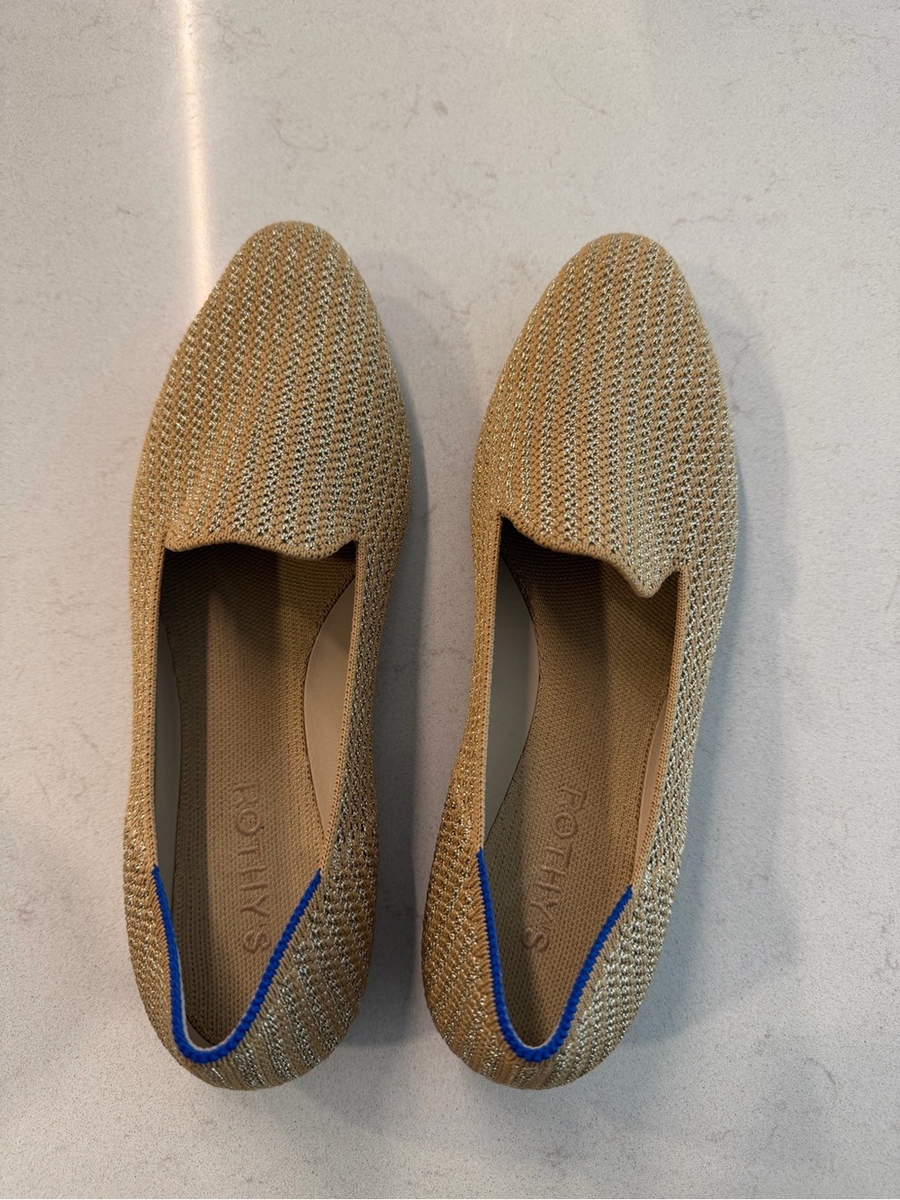 Rothy's Tan Woven Slip-On Flats with Blue Trim